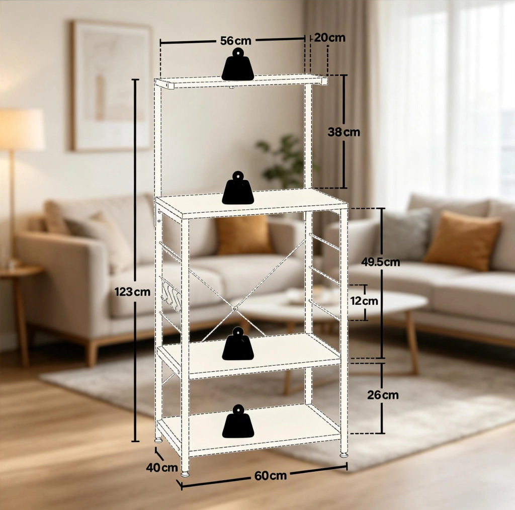 Scaffale per microonde 60x123x40 cm in legno ingegnerizzato e acciaio nero， 4 ripiani