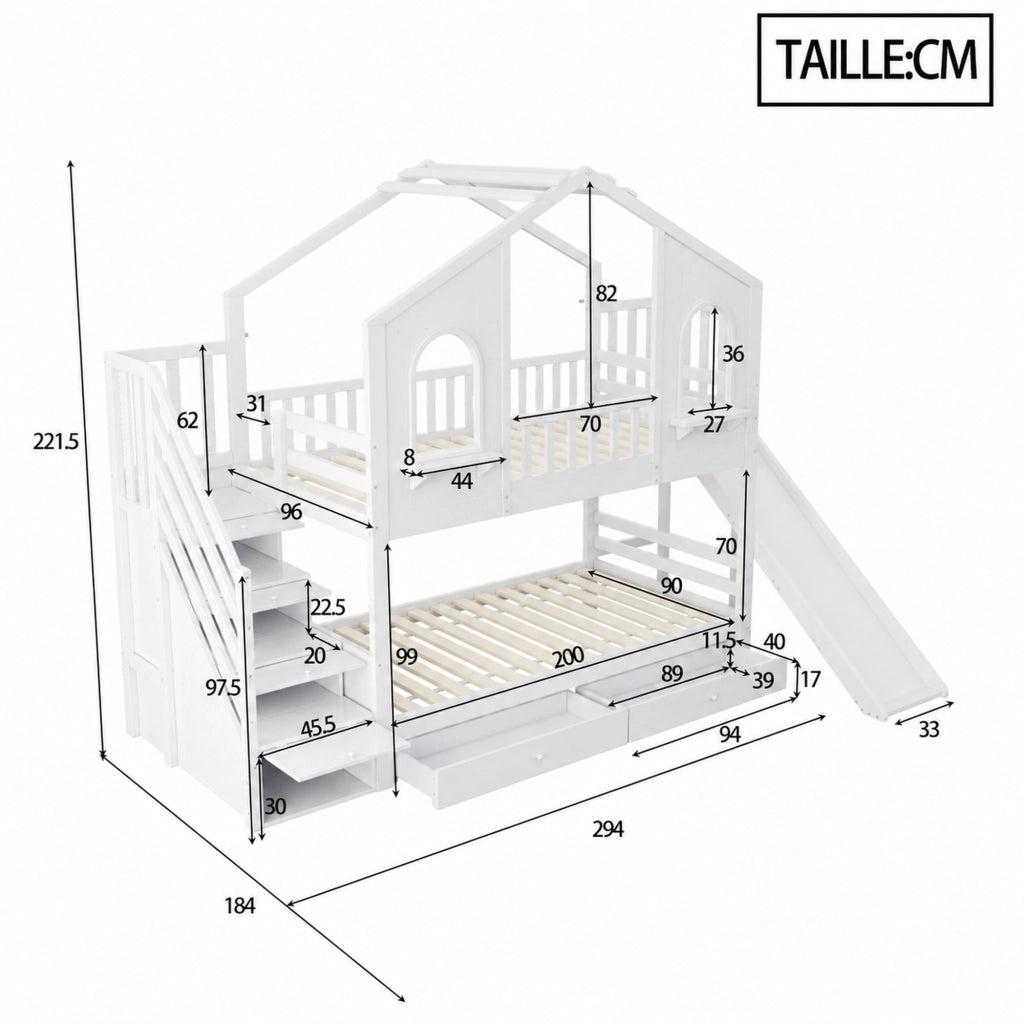 DESMIU Letto a castello per bambini 90 × 200 cm con scivolo, scala contenitore e 2 cassetti, senza materasso, in legno, bianco