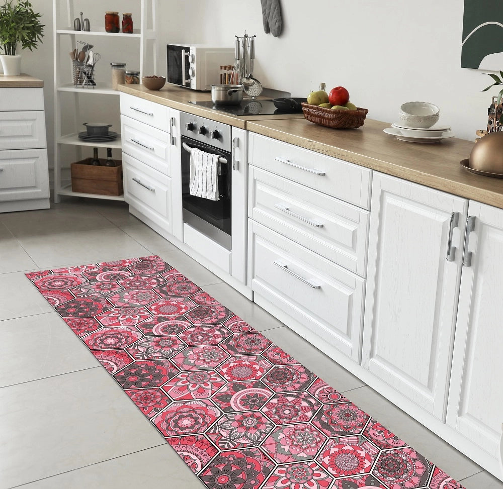 Tappeto Cucina Antiscivolo Made in Italy Passatoia Antimacchia Multiuso Corridoio Soggiorno Lavabile in Lavatrice - 50x400 - Esagoni rosa
