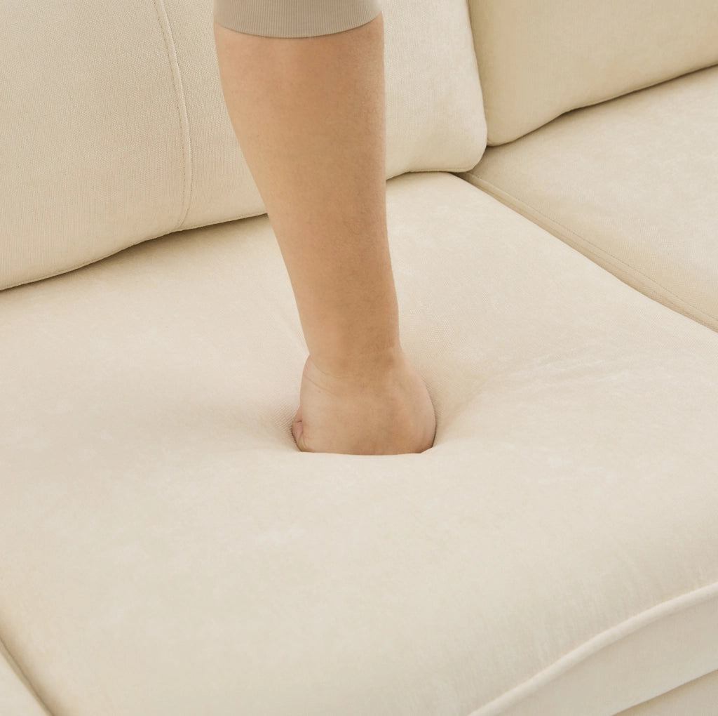 Divano modulare 4 posti con 2 pouf contenitore in ciniglia beige HOMVRA