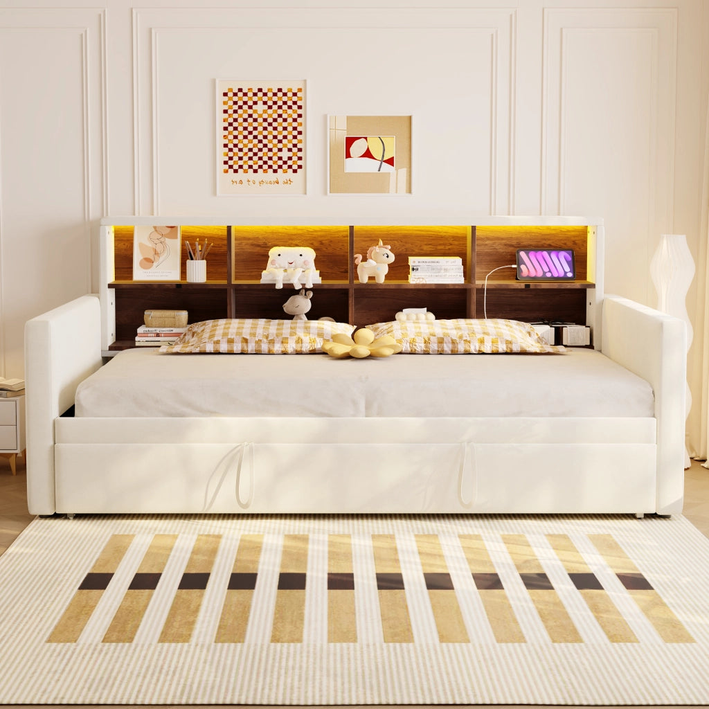 OKWISH Letto Estraibile Singolo con Contenitore, LED, USB e Tipo C, 90 x 190 cm, senza Materasso, Beige
