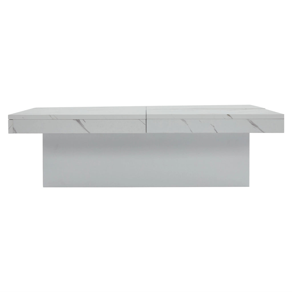 Tavolino da caffè 90x90x25 cm; 4 cassetti con piano scorrevole; truciolare effetto marmo bianco