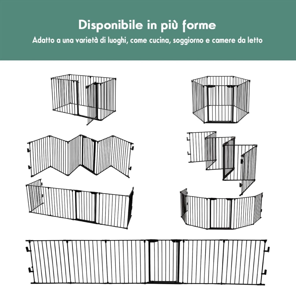 Cancelletto Pieghevole in Ferro per Camino e Scale, Cancello con 6 Pannelli per Bambini, Cani e Gatti, Barriera Protettiva da Interno ed Esterno, 2 Colori Disponibili, 380 x 74,5cm (Nero)