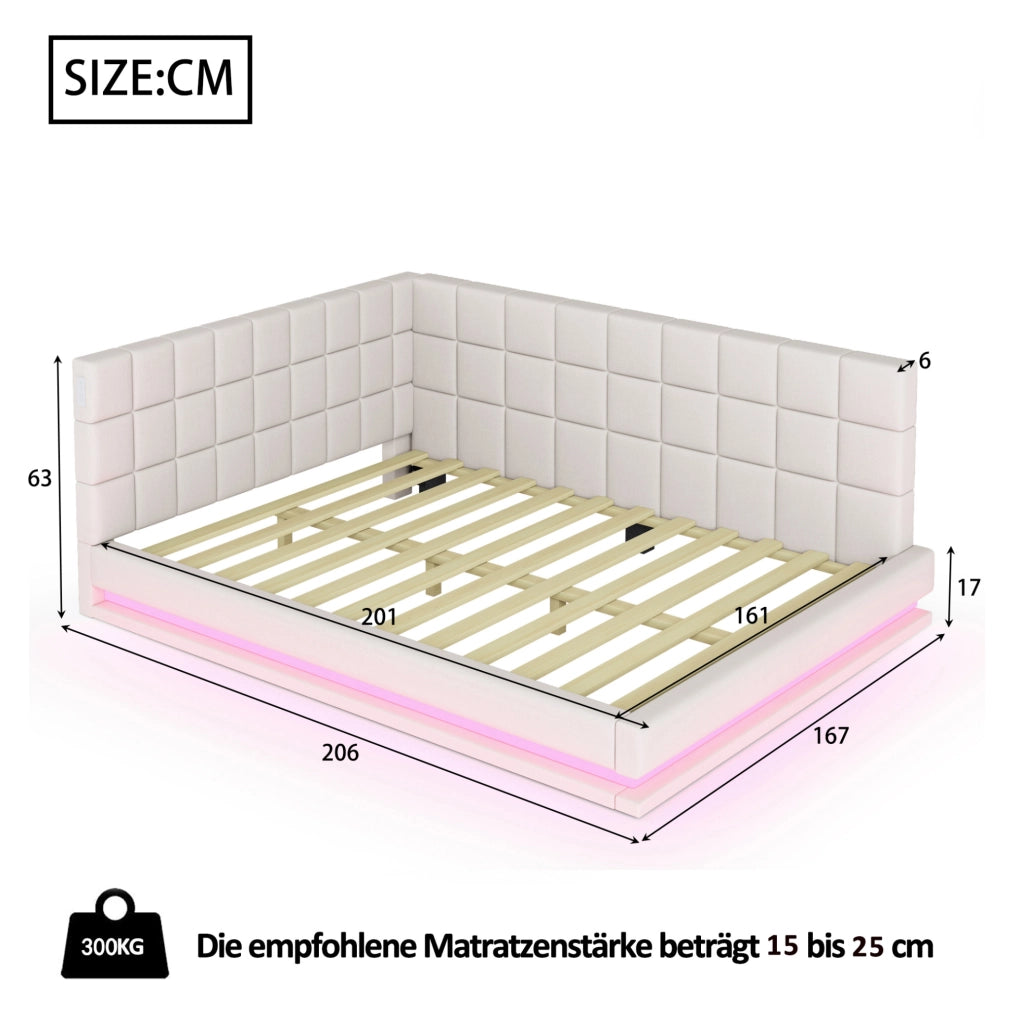 Divano letto imbottito 160x200 cm in tessuto effetto lino beige con LED e USB