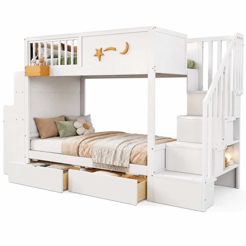 Letto a castello per bambini 90x200 cm con scrivania; 2 cassetti e scala; bianco