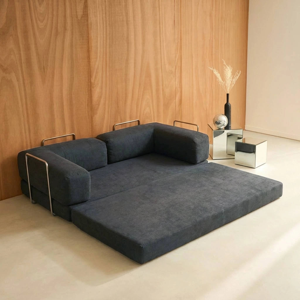 Divano letto futon in velluto a coste e struttura cromata, antracite