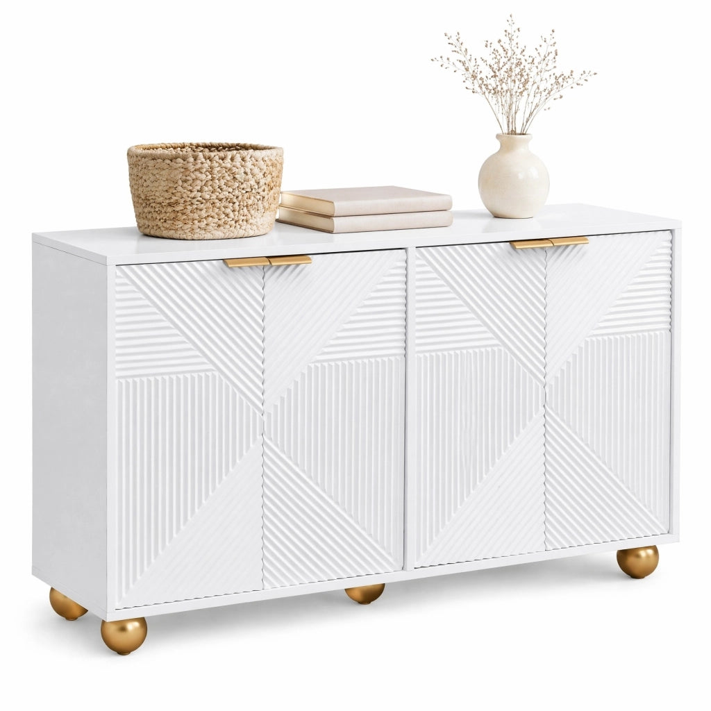 Credenza a 4 ante con ripiani interni regolabili; dettagli incisi e gambe sferiche; bianco; 120 cm in MDF