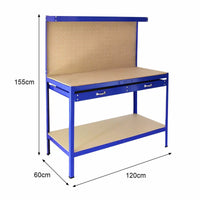 Banco da Lavoro Porta Attrezzi 120 cm in Acciaio con Parete e Cassetto Blu