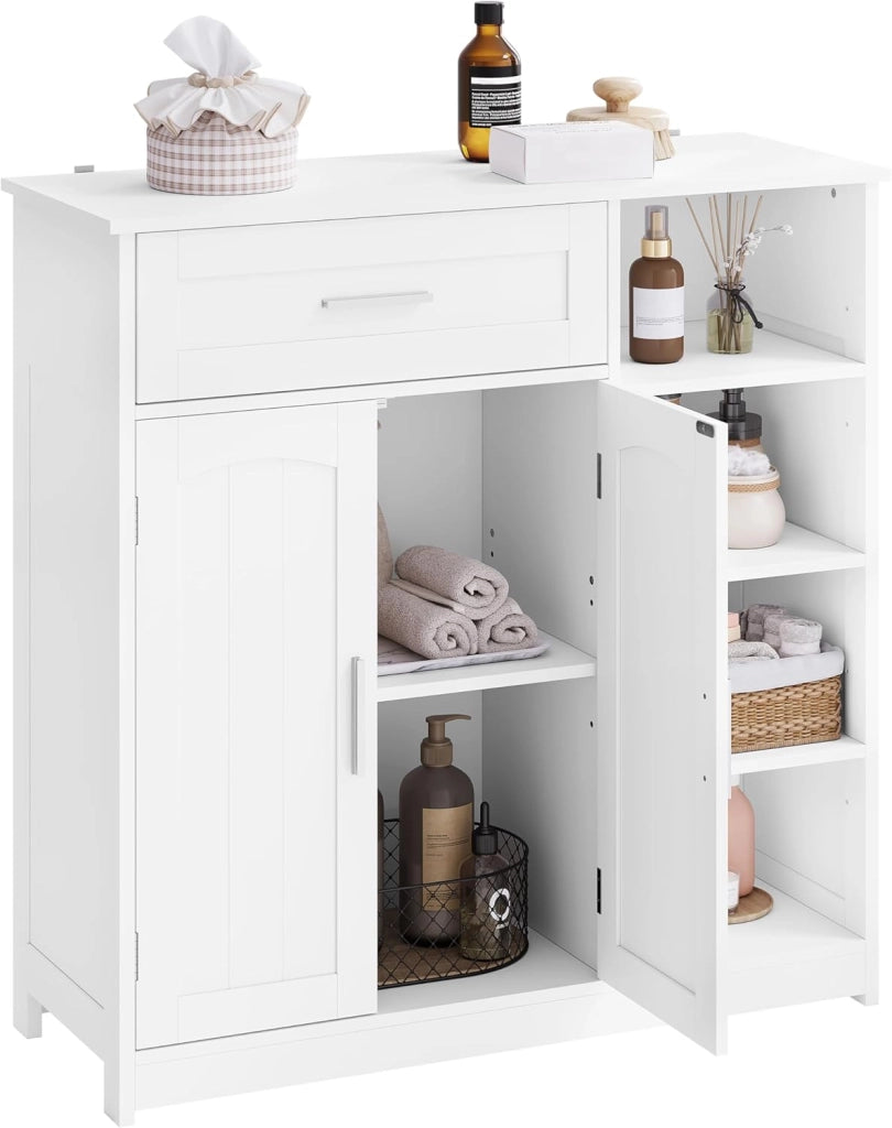 Mobile da Bagno Indipendente con 2 Ante 1 Cassetto 4 Ripiani Aperti, Regolabili in Altezza, Unità di Stoccaggio per Corridoio, Credenza da Cucina, 80x30x80,5 cm, Bianco