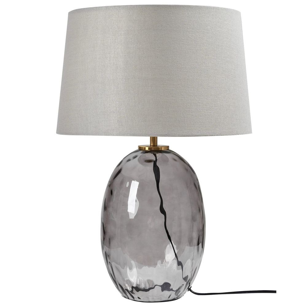 Lampada da tavolo Base in vetro fumé trasparente e grigio Paralume a tamburo in tessuto Design moderno