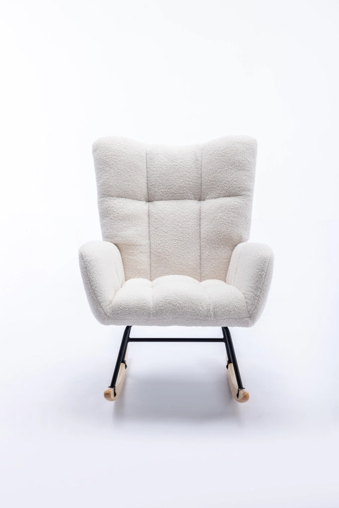 Poltrona a dondolo in tessuto teddy con schienale ergonomico e base in legno, per soggiorno e cameretta, bianco