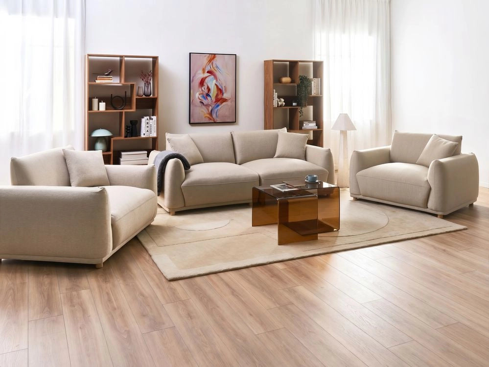Set divano moderno a 5 posti in velluto con cuscini decorativi e poltrone con gambe in legno beige stile moderno