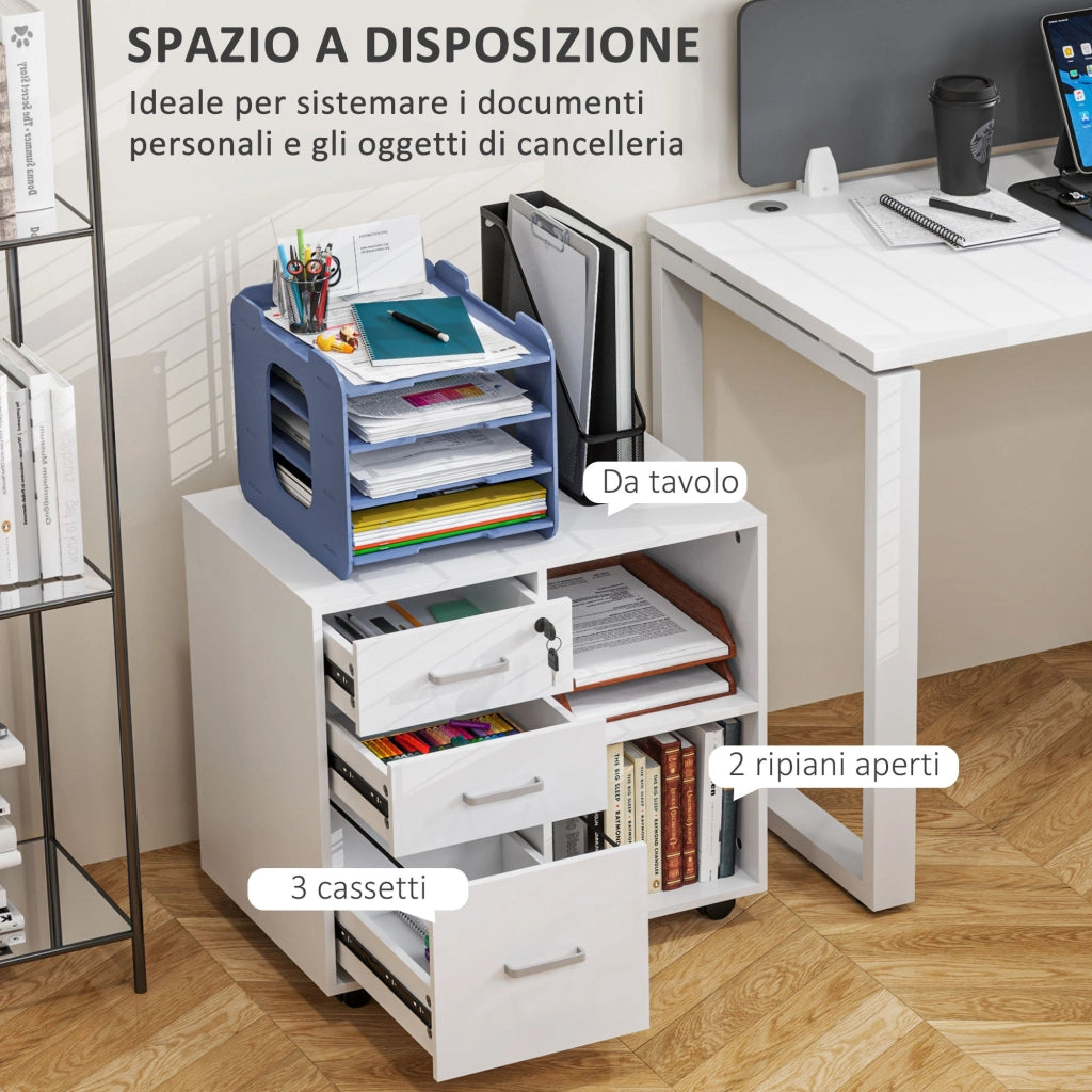 Cassettiera da Ufficio Schedario  con 3 Cassetti Serratura e Chiavi 60x40x56 cm Bianco