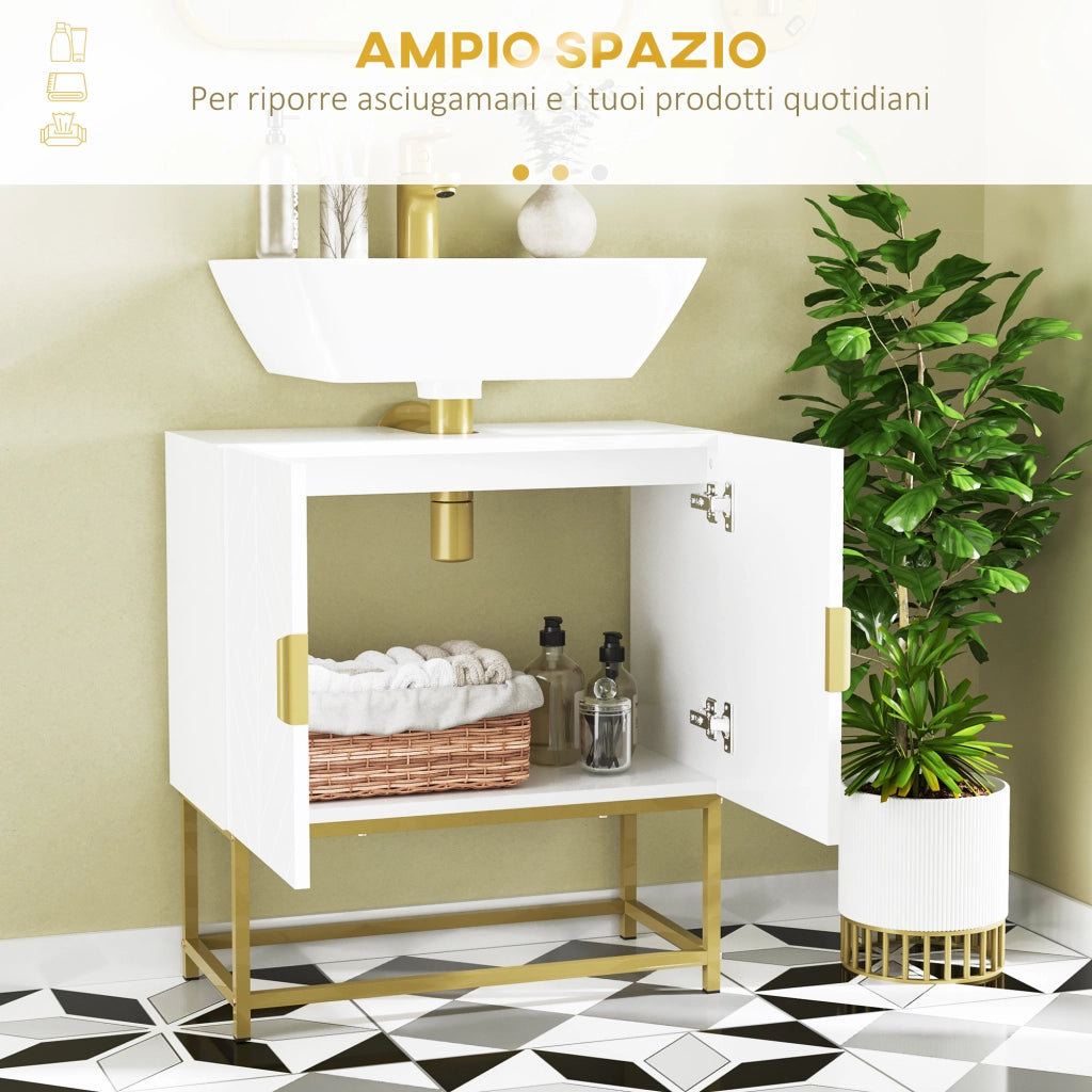 Mobile Bagno Sottolavabo con Armadietto 2 Ante in Legno e Acciaio. 60x30x65cm. Bianco e Oro