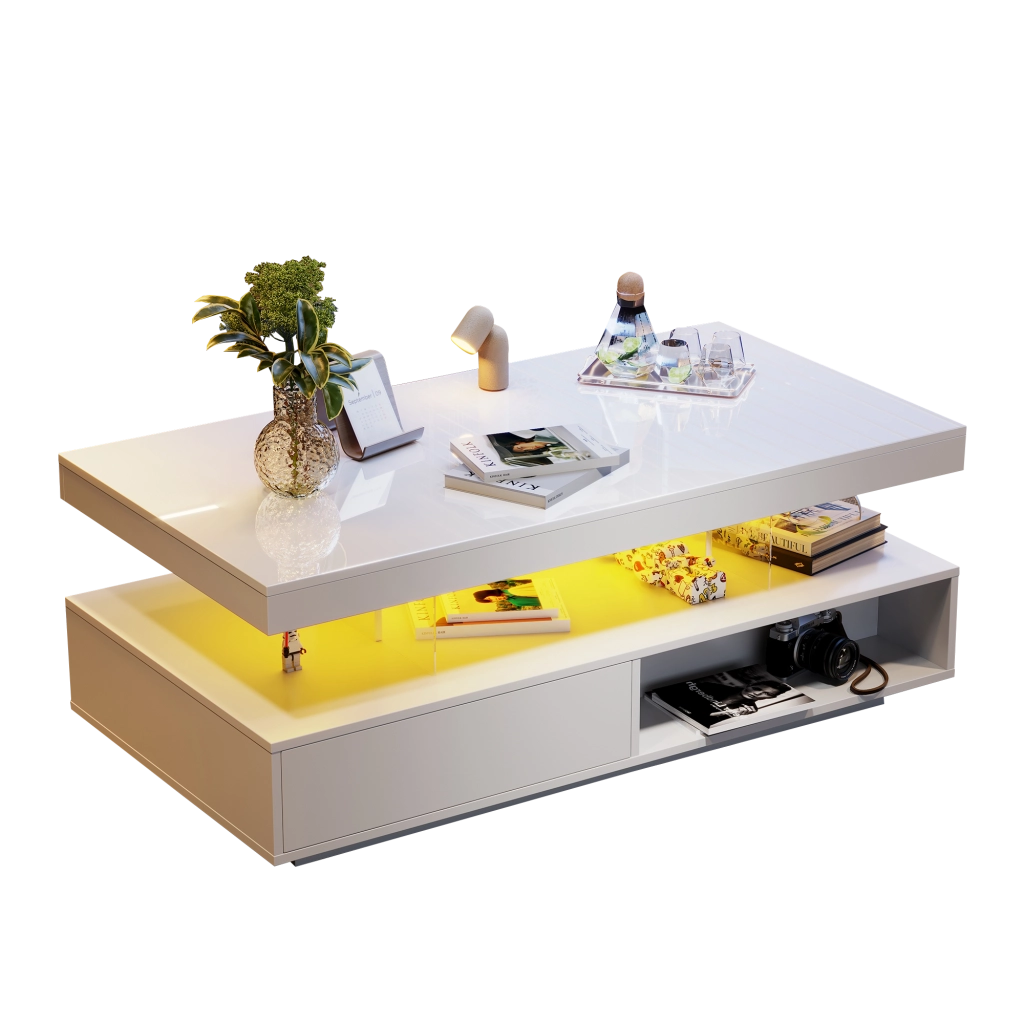 Tavolino da salotto con 4 ripiani in vetro - Zephmum- 95x50x42.5 cm- Bianco lucido- Con cassetti e ripiani aperti