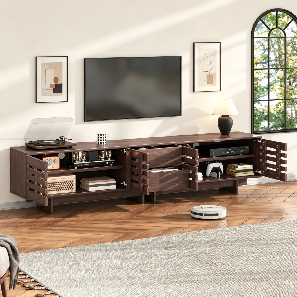Mobile porta TV con 4 ante 2 cassetti 6 vani e passacavi per soggiorno e camera da letto in color noce 200 × 39,5 × 55 cm