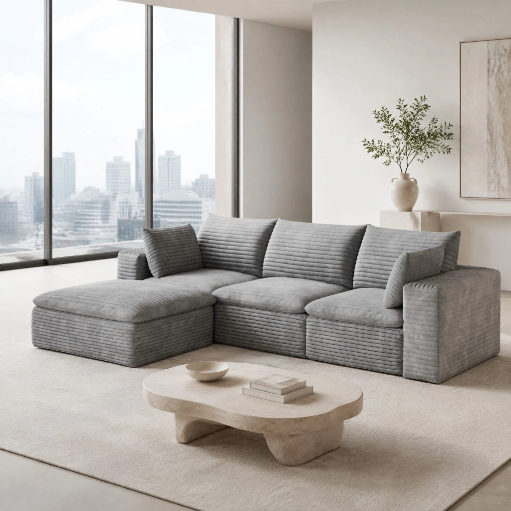 Divano modulare in tessuto grigio con imbottitura in schiuma e design componibile