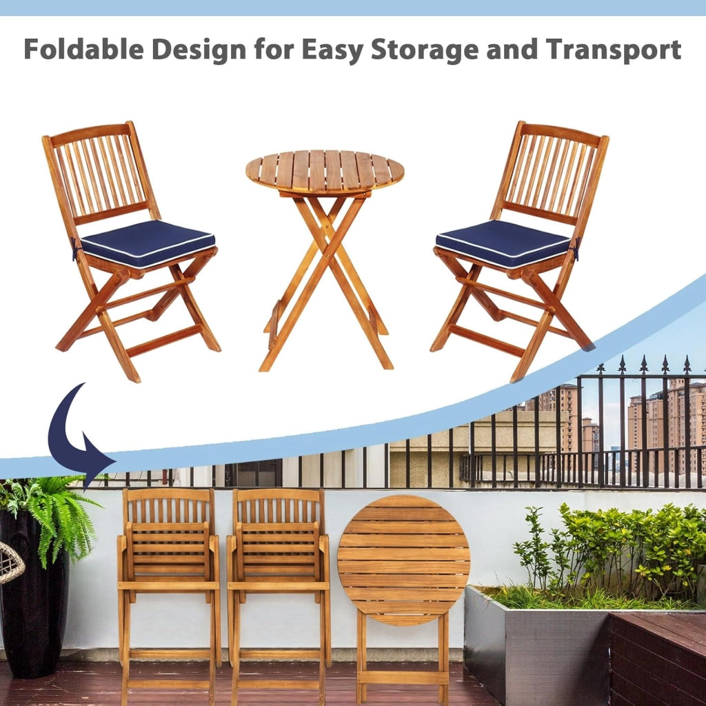 Set da Bistrò Pieghevole, Tavolo Portato 40 kg, Sedie con Cuscini Portato 160 kg, Set Giardino, Set Tavolo e Sedie da Giardino, Set da Esterno per Balcone (Cuscini Blu)