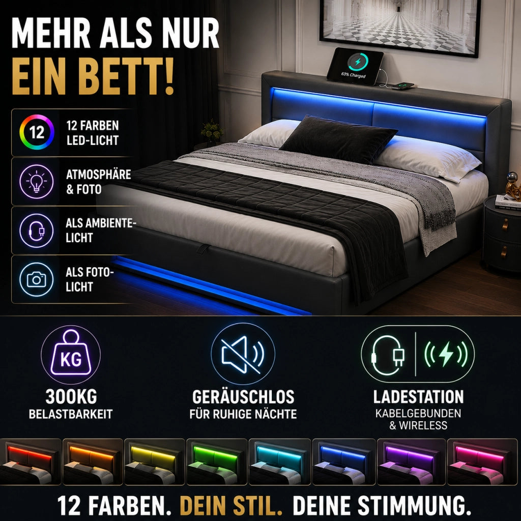 Letto imbottito con vano portaoggetti; USB a scomparsa; ricarica wireless e LED con telecomando; rivestito in PU grigio