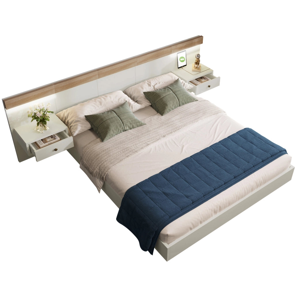 Letto matrimoniale 140x200 cm con 2 comodini LED e porte USB C; legno bianco e rovere Sonoma