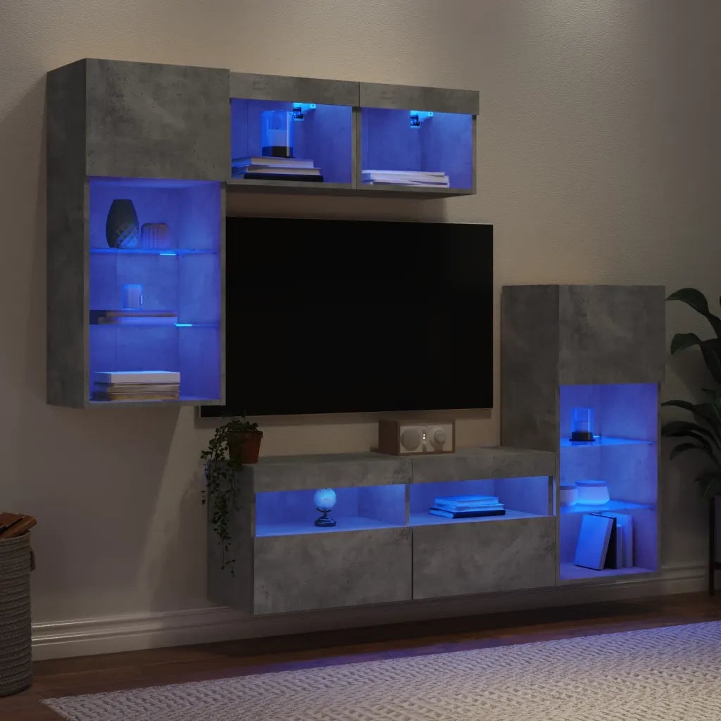 Mobili TV a Muro con LED 5pz Grigio Cemento Legno Multistrato 3216728