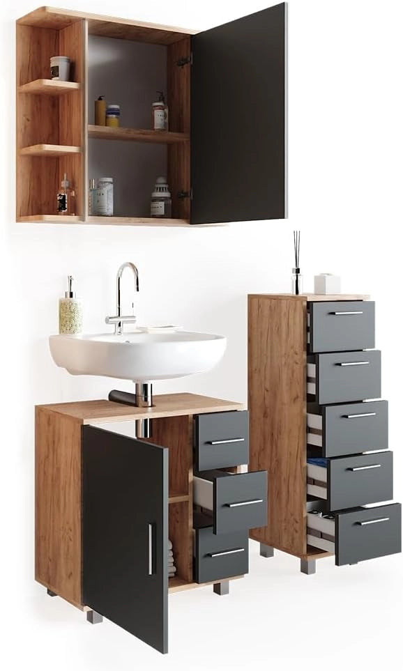 Set mobili bagno Ilias, Rovere, 60 cm, composto da mobile sottolavabo, specchiera e mobile medio