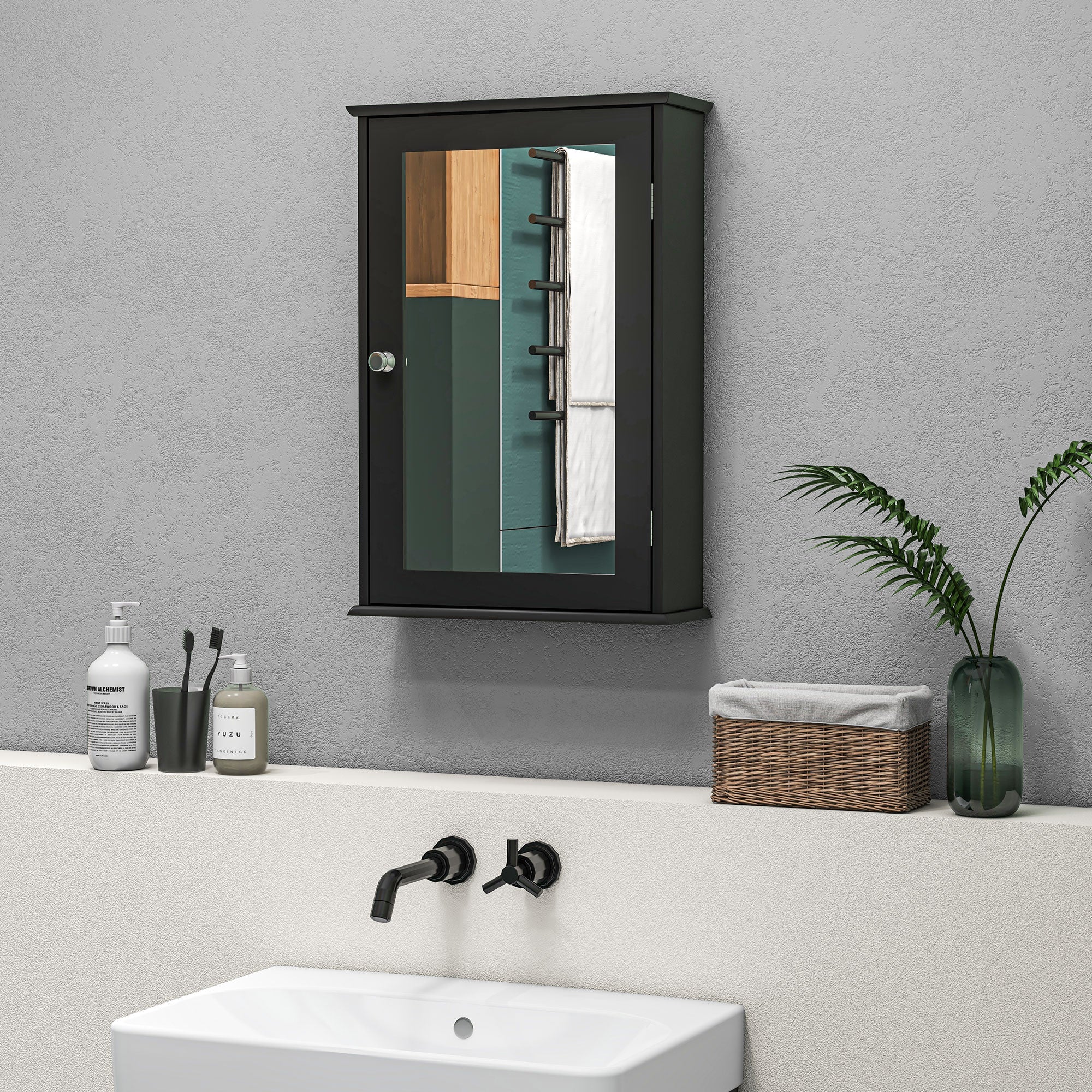 Mobile da Bagno Pensile con Specchio e Anta a Chiusura Magnetica 41x14x60 cm Nero