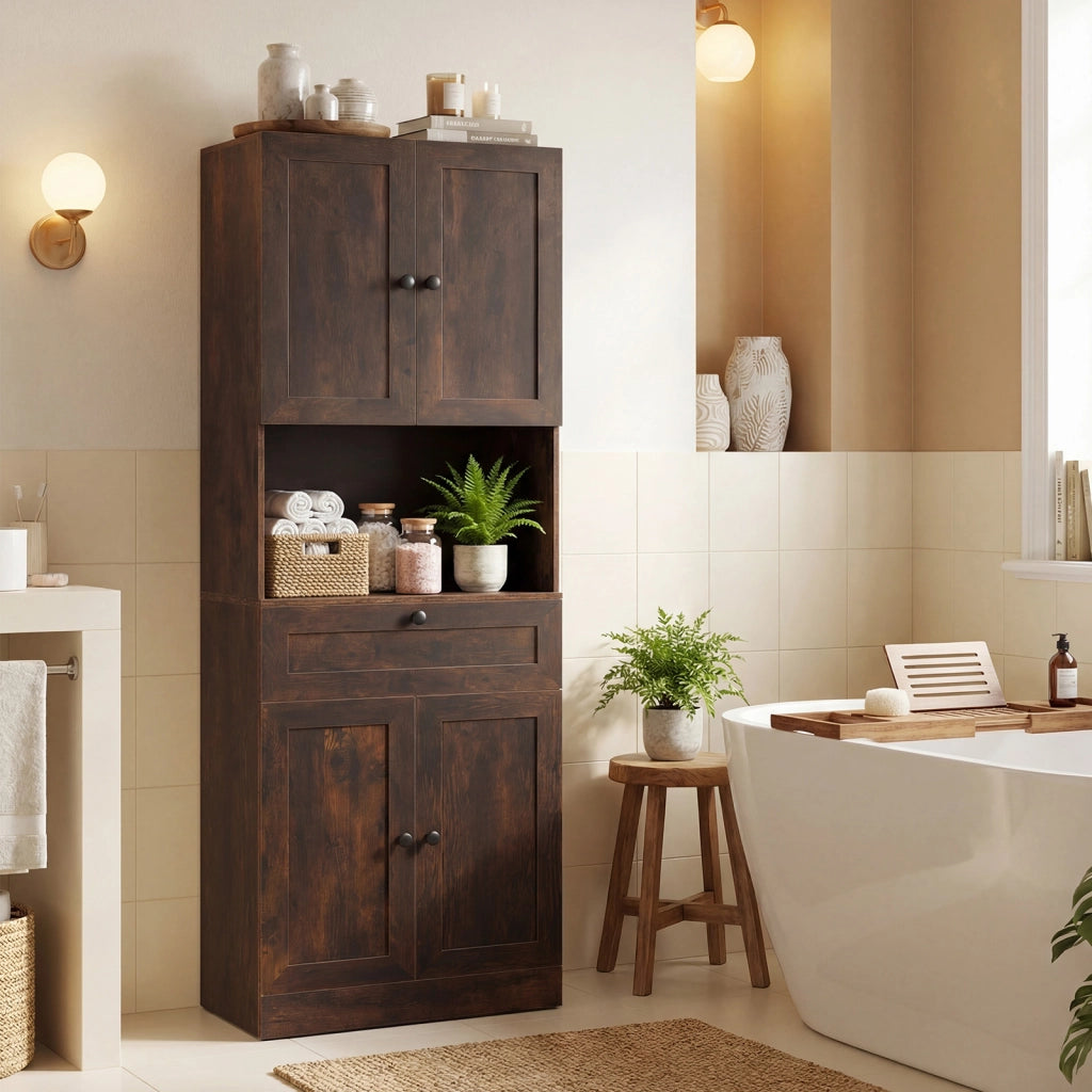 Toeletta mobiletto bagno alto legno 4 ante 1 cassetto vano aperto, Toeletta ripiani regolabili organizer moderno 171,5cm Marrone rustico