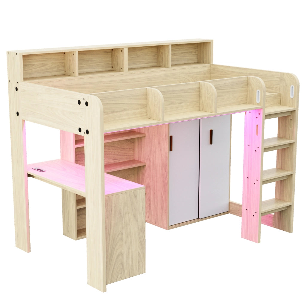 Letto a soppalco multifunzionale 90x200 cm in legno naturale con scrivania; armadio; LED e presa