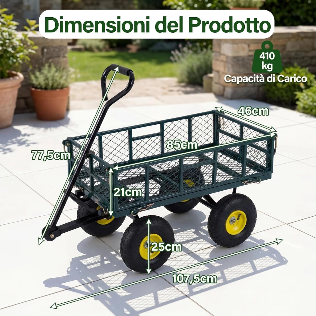 Carrello da Giardino in Metallo, Carretto a Mano con 4 Ruote Pneumatiche, Sponde Rete Rimovibili, Borsa Portaoggetti e Manico Regolabile, Portata 410 kg, per Giardinaggio, Trasporto e Fattoria