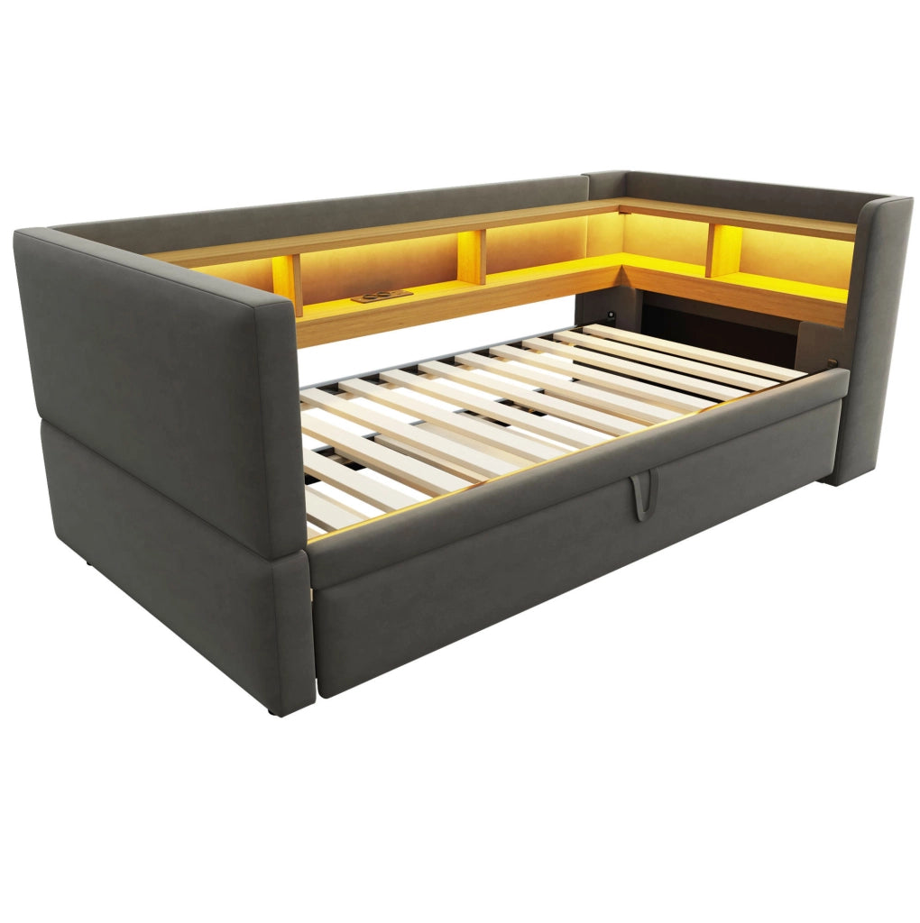 Divano letto 90x190 cm con scomparti; luci LED e prese; flanella; grigio scuro