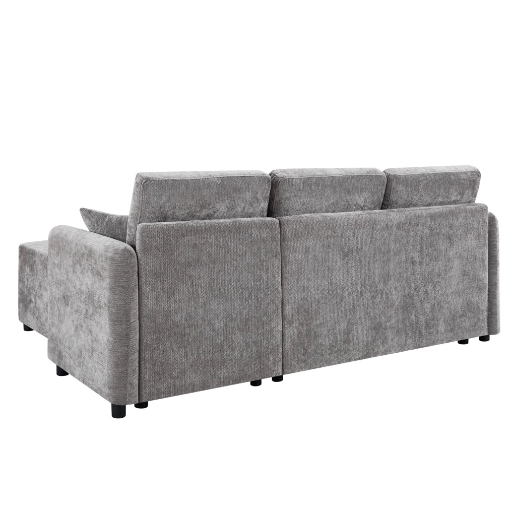 Divano angolare L 3 posti in chenille grigio con 2 cuscini; struttura in legno; compatto