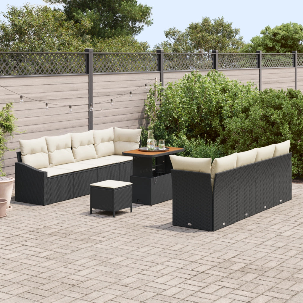 Set di Divano da Giardino da 11 Pezzi con Cuscini Nero Polyrattan Acacia