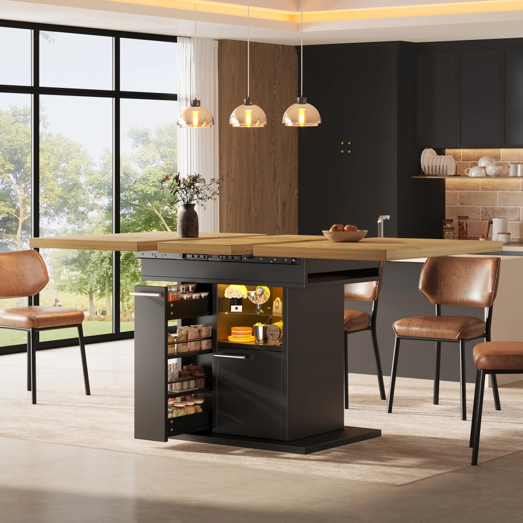 Tavolo da pranzo allungabile con contenitore e illuminazione LED; per soggiorno e sala da pranzo; MDF nero