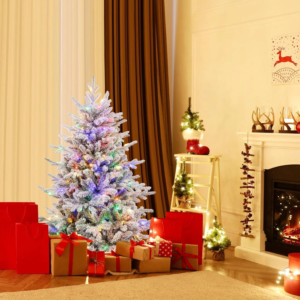 Albero di Natale Artificiale Innevato 135/186/218 CM, Albero di Natale con Cerniera e 8 Modalità luminose, 160/260/350 Luci LED Multicolori e 436/820 /1164 Punte di Ramo in PVC e PE (135 CM)