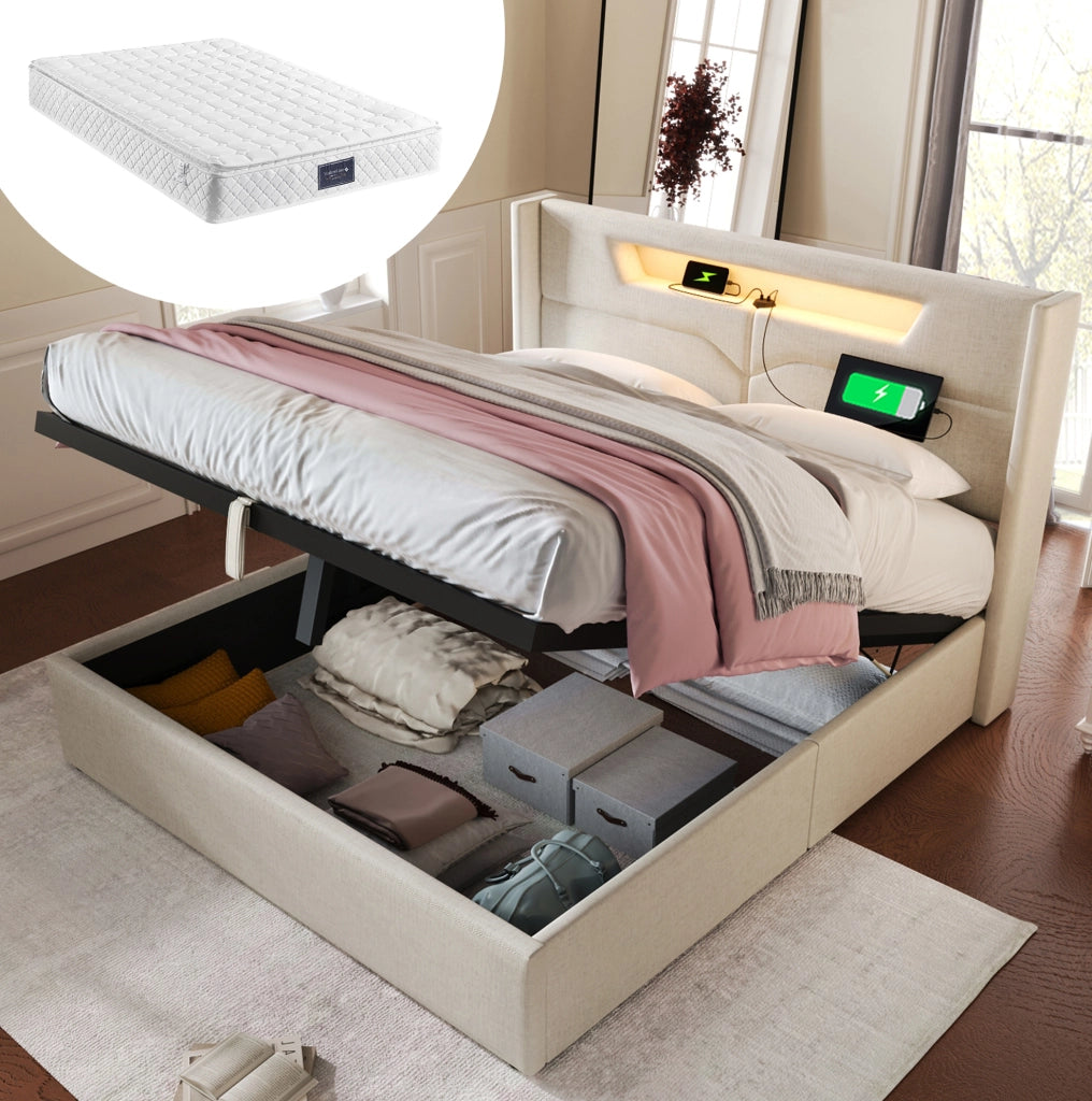 Letto matrimoniale imbottito 140x200 cm in tessuto lino beige con LED; USB e contenitore