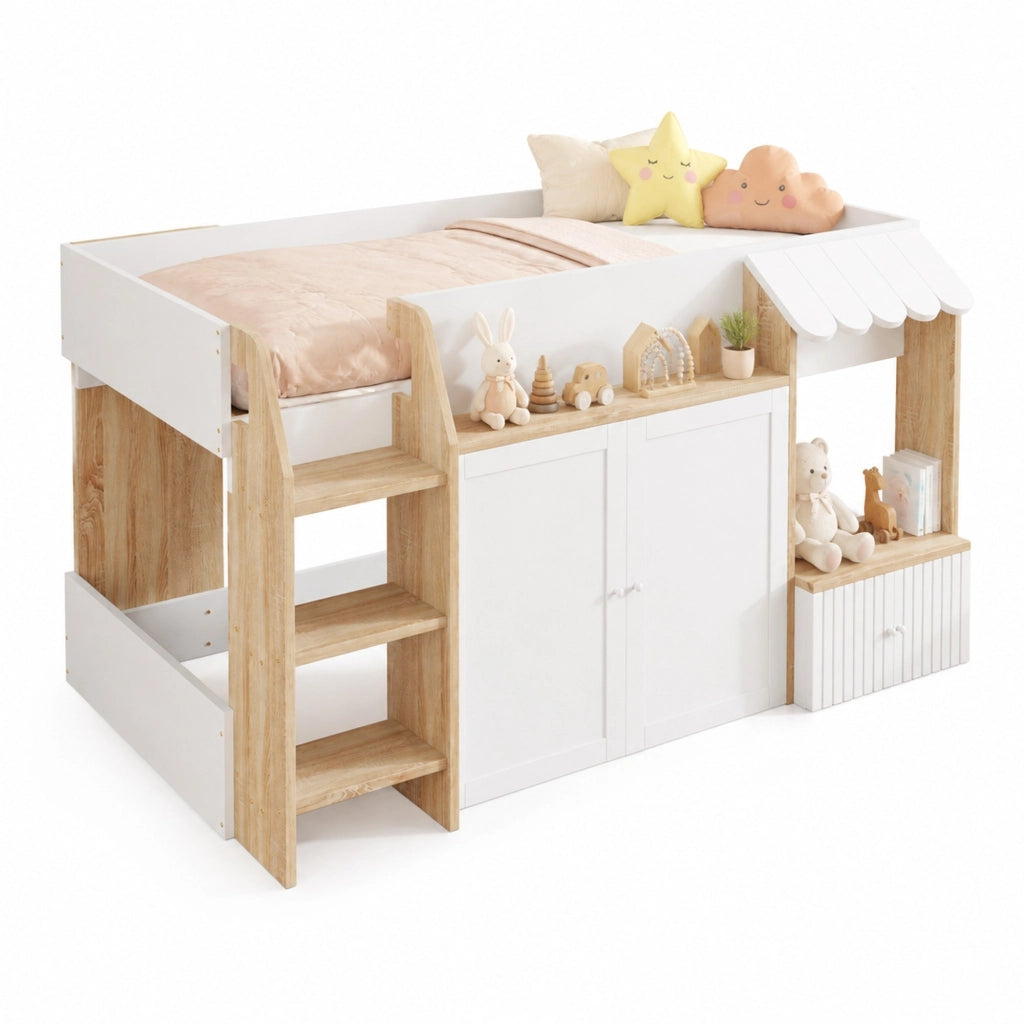 Letto a soppalco per bambini a forma di casetta 90x200 cm con scala e spazio contenitore; bianco e legno