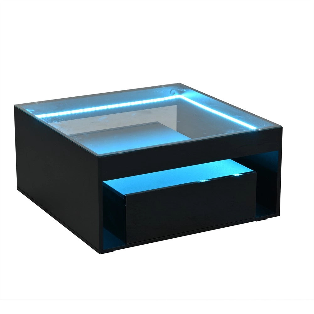Tavolino da Caff¨¨ con LED e Cassetti ¨C MINIMAL ¨C Vetro Temperato, Nero, 70x70x35