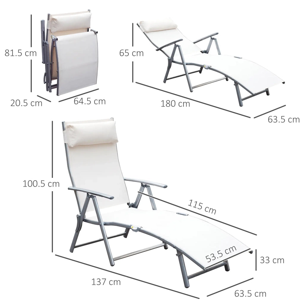Lettino da Giardino Piscina Pieghevole Schienale Regolabile Crema Bianco 180x63.5x65 cm