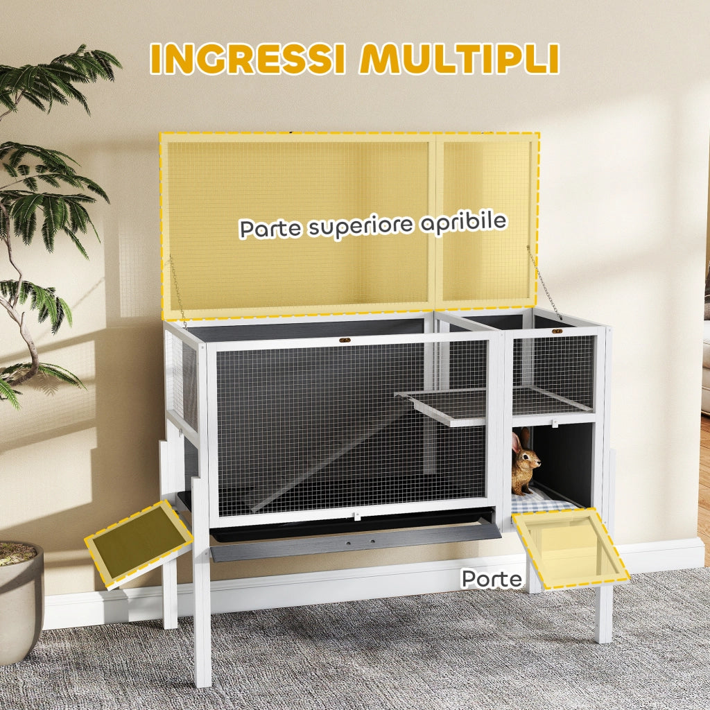 Gabbia per Conigli e Criceti da Interno 120x53x93 cm Rialzata con Vassoio Estraibile e Tetto Apribile in Legno Grigio