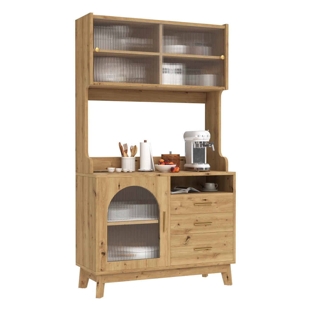 Credenza alta da soggiorno con ampia capacità, prese integrate e frontale in acrilico effetto onda, 100,5×40×178 cm, colore legno