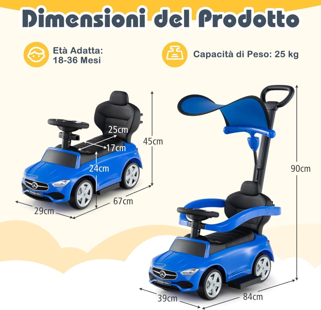 3 in 1 Auto a Spinta, Mercedes-Benz Macchina Cavalcabile, con Schienale Regolabile Suono Barra di Spinta e Tettuccio, per Bambini 18-36 Mesi (Blu)