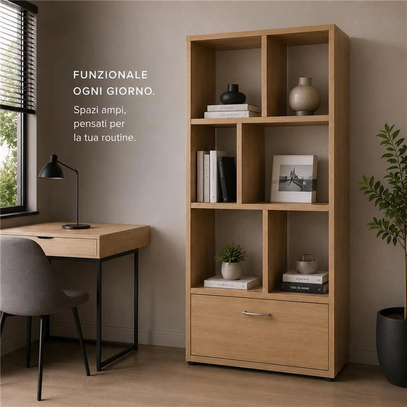 LIBRERIA IN MDF ROVERE CON RIPIANI SFALSATI E CASSETTONE MISURE: 70X24X140 CM
