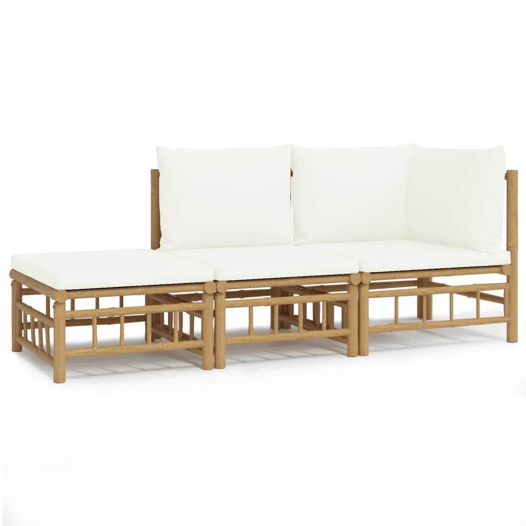 Set Salotto da Giardino 3pz | Set di Mobili da Esterno con Cuscini Bianco Crema in Bamb¨´