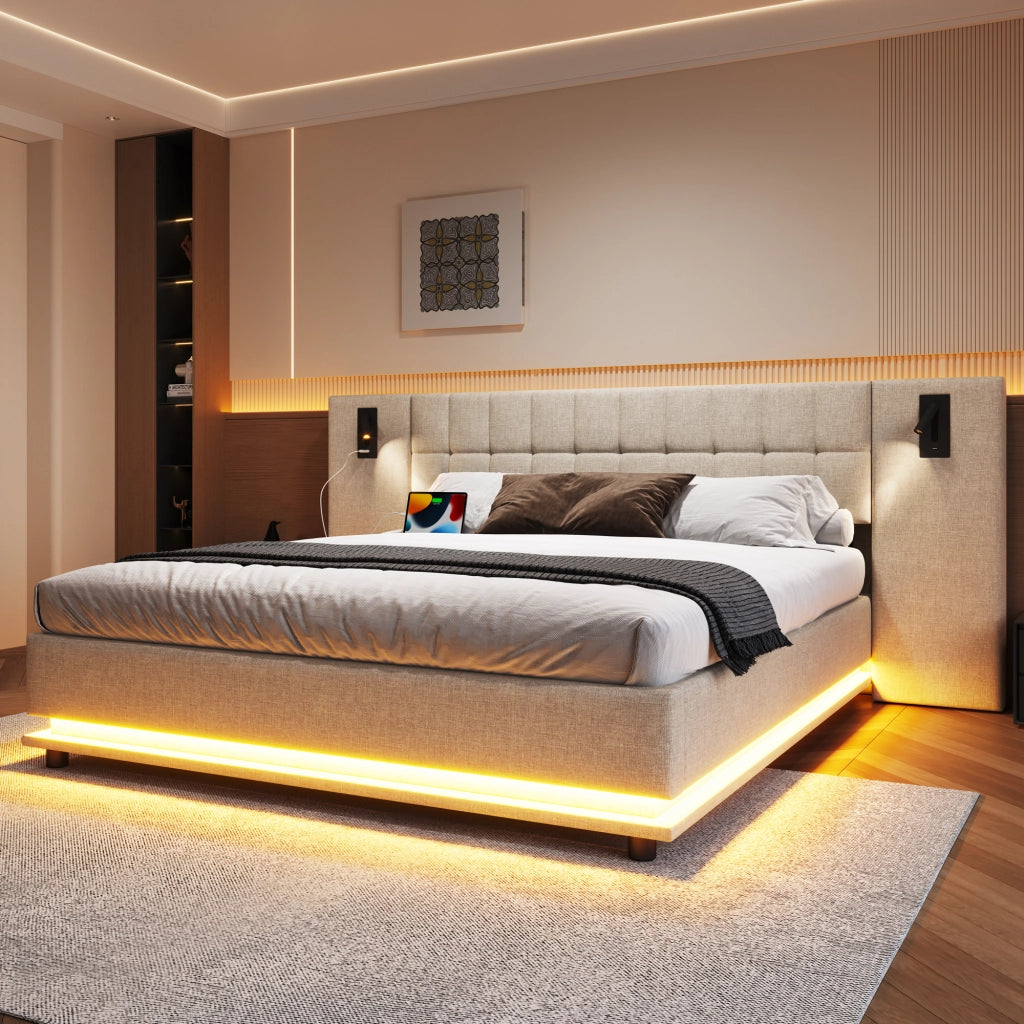 DESMIU Letto Matrimoniale 180 × 200 cm con LED regolabile, luce da lettura e USB, senza materasso, lino, beige
