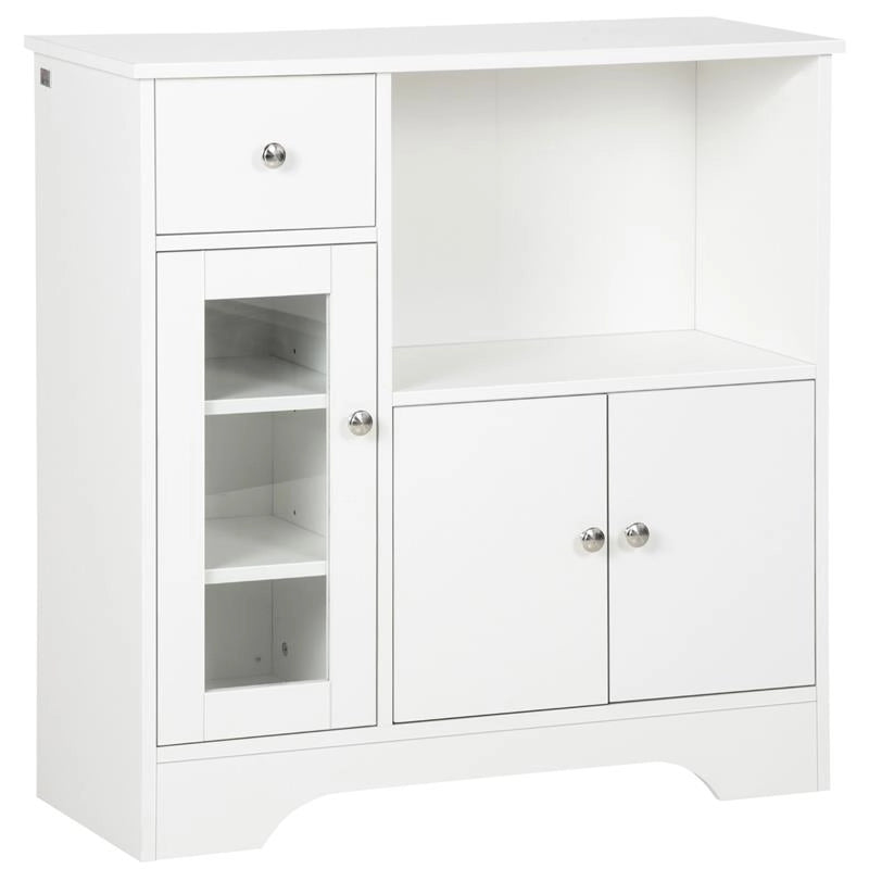 CREDENZA BUFFET CON VANO APERTO, CASSETTO, 3 RIPIANI E ARMADIETTO A 2 ANTE, IN LEGNO, 80X30X82 CM, BIANCO
