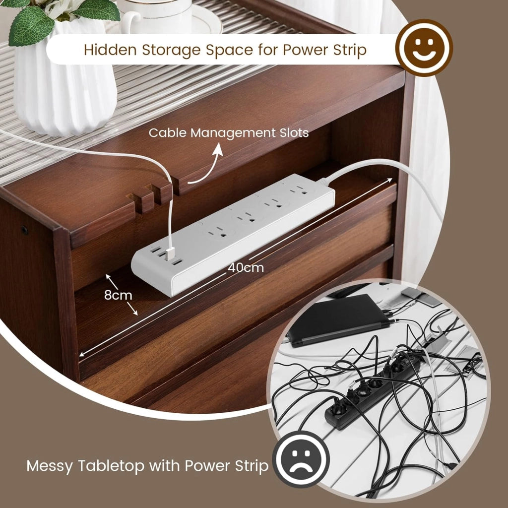 Set 2 Comodino in Bambù, Comodone da Letto con Cassetto in Rattan e Scomparto Aperto, Tavolino con Piano in Vetro, 43 x 35 x 50 cm
