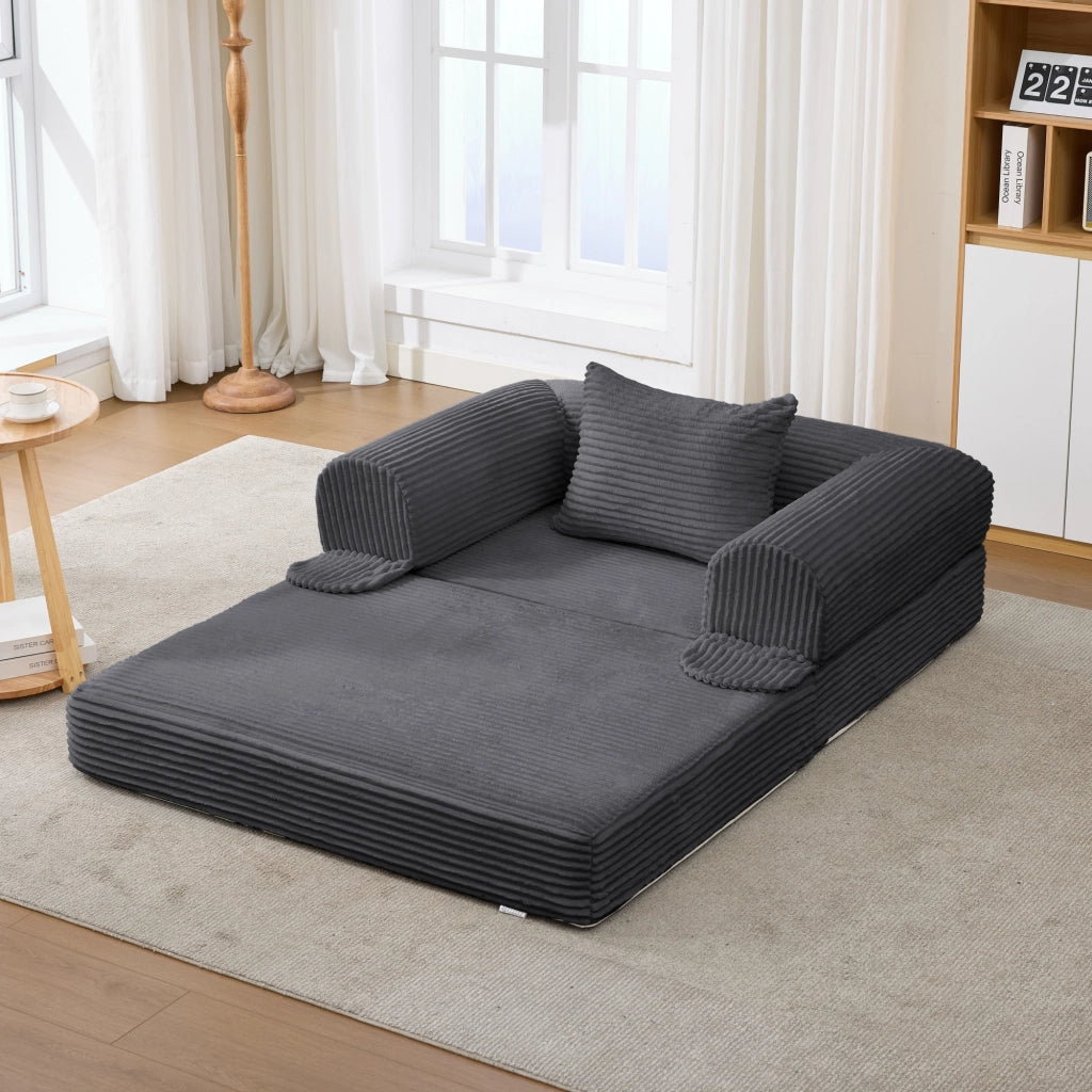 Divano letto singolo convertibile in tessuto corduroy con funzione letto, cuscino e design salvaspazio, grigio