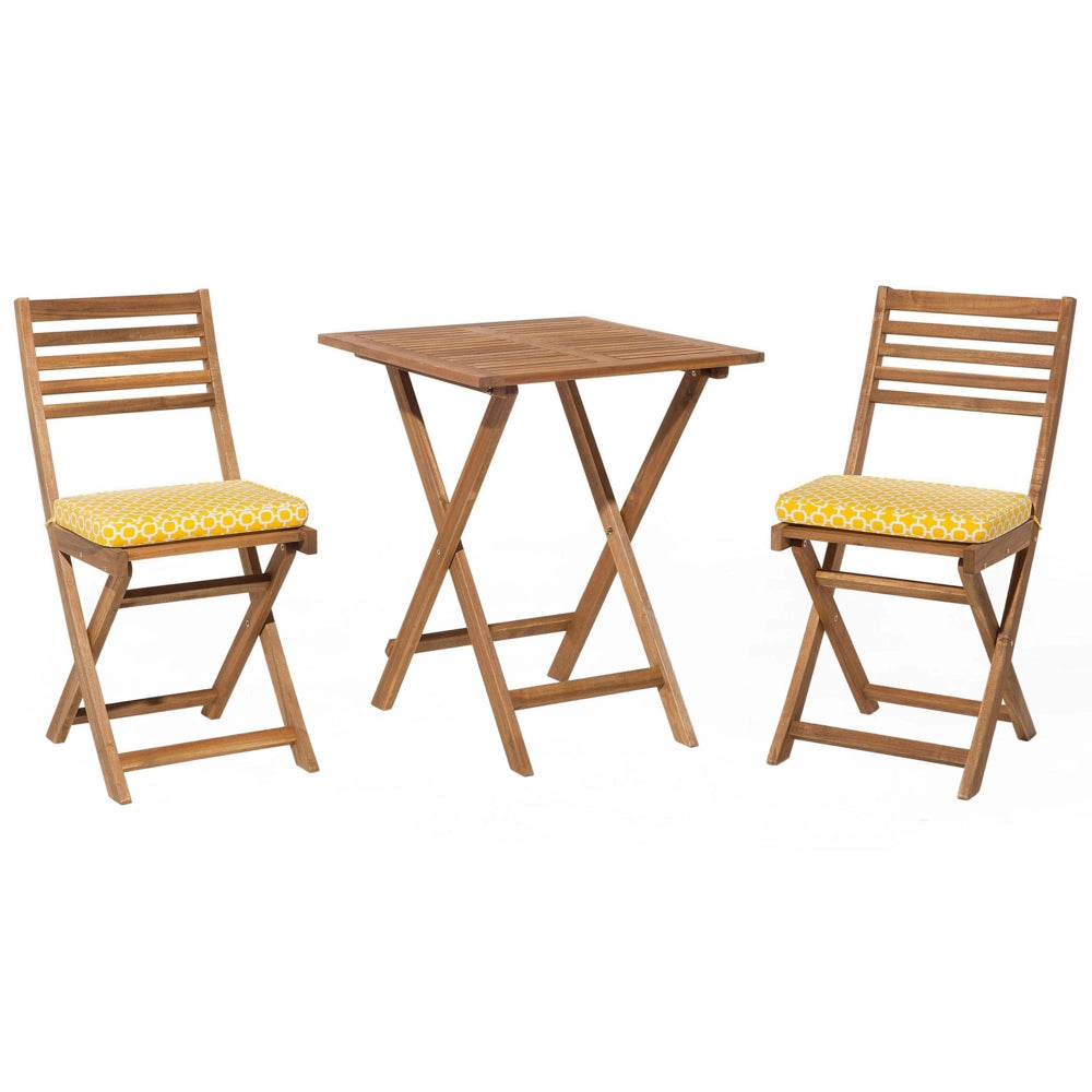 Set da bistrot 3 pezzi in legno massello di acacia chiaro cuscini gialli a doghe pieghevoli design scandinavo moderno