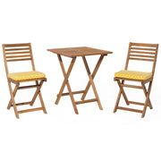 Set da bistrot 3 pezzi in legno massello di acacia chiaro cuscini gialli a doghe pieghevoli design scandinavo moderno